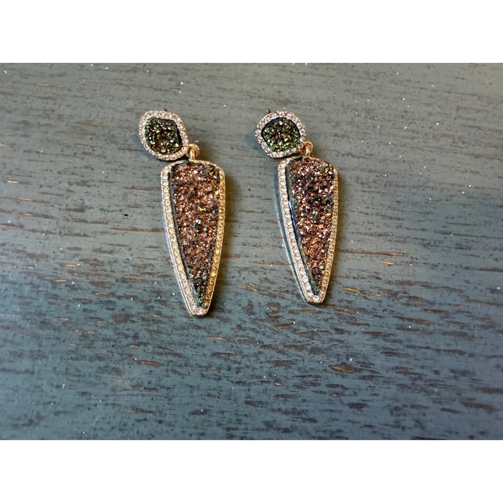 Gold Tone Geometric Druzy Drop Earrings Bronze Green Crystal Halo Statement
